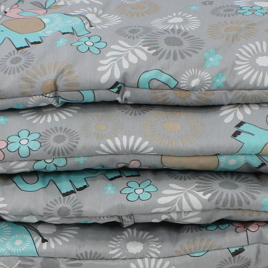 Cotton Baby Crib Set – Grey with Elephant & Birds Print