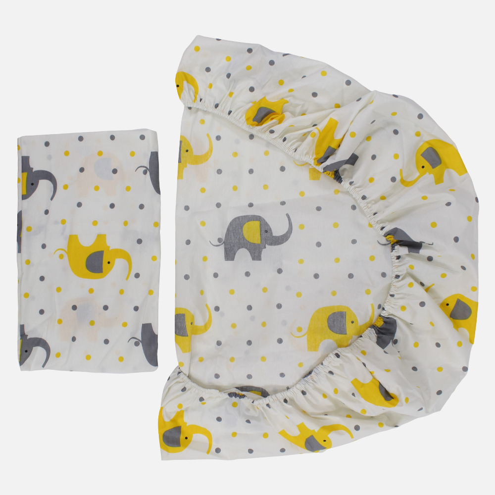 Cotton Bed Sheet Set – Off-White with Cute Elephants Print