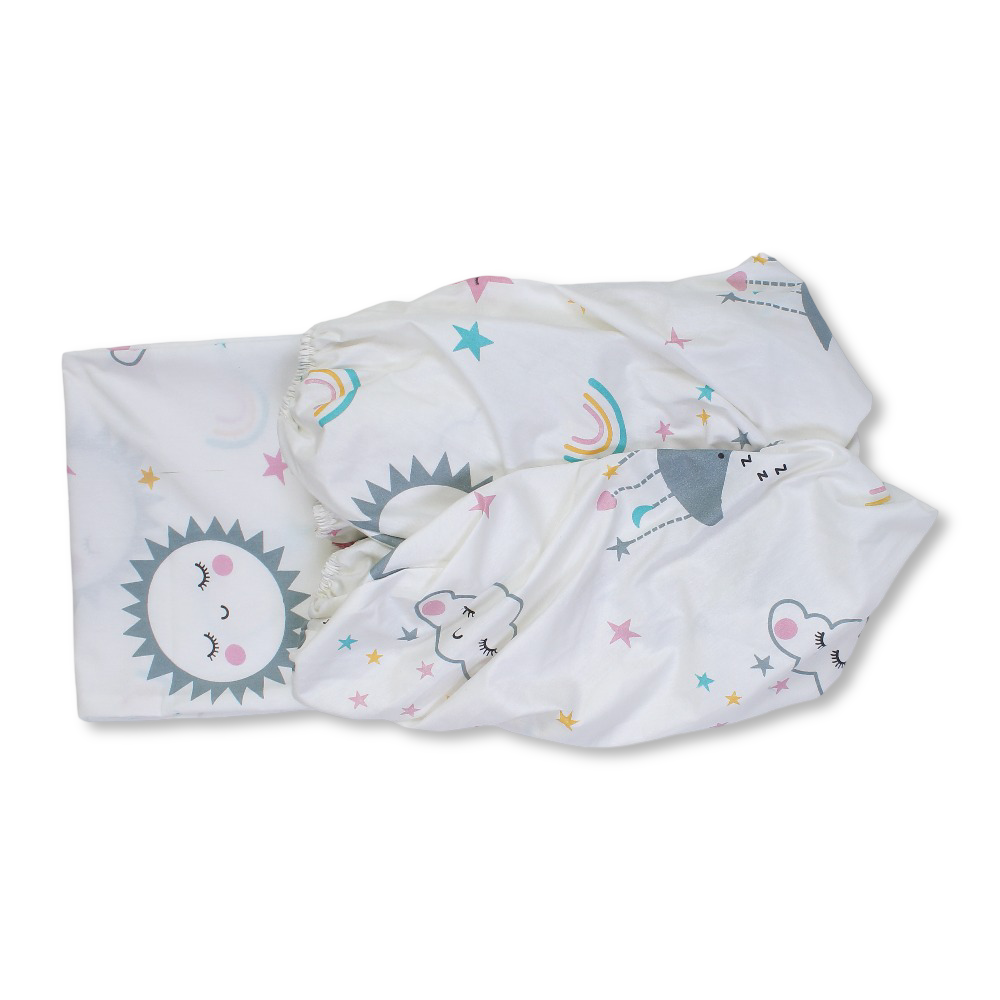 Baby Cotton Bed Sheet – Off-White with Sun & Clouds Print