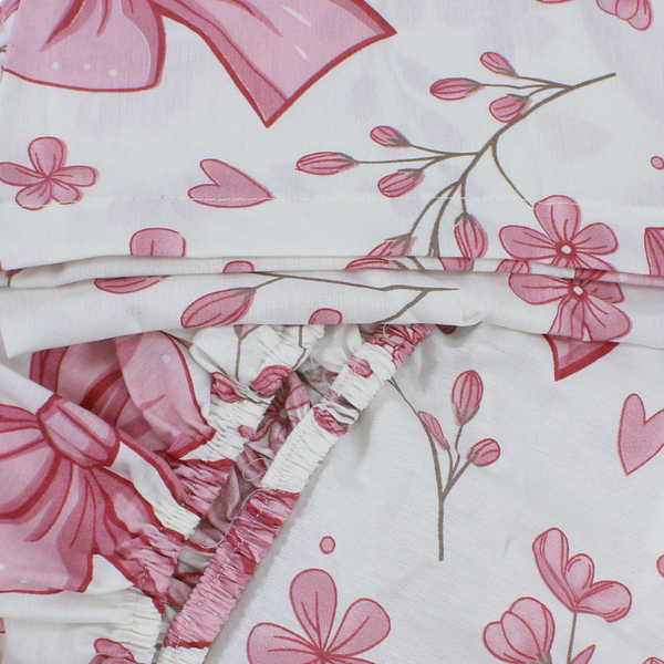 Cotton Bed Sheets – Off-White & Pink with Bows Print