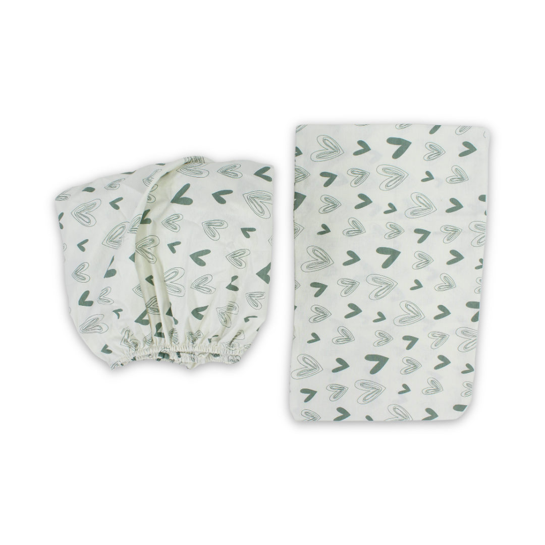 Cotton Bed Sheets – Off-White with Green Hearts Print