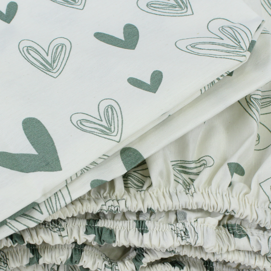 Cotton Bed Sheets – Off-White with Green Hearts Print