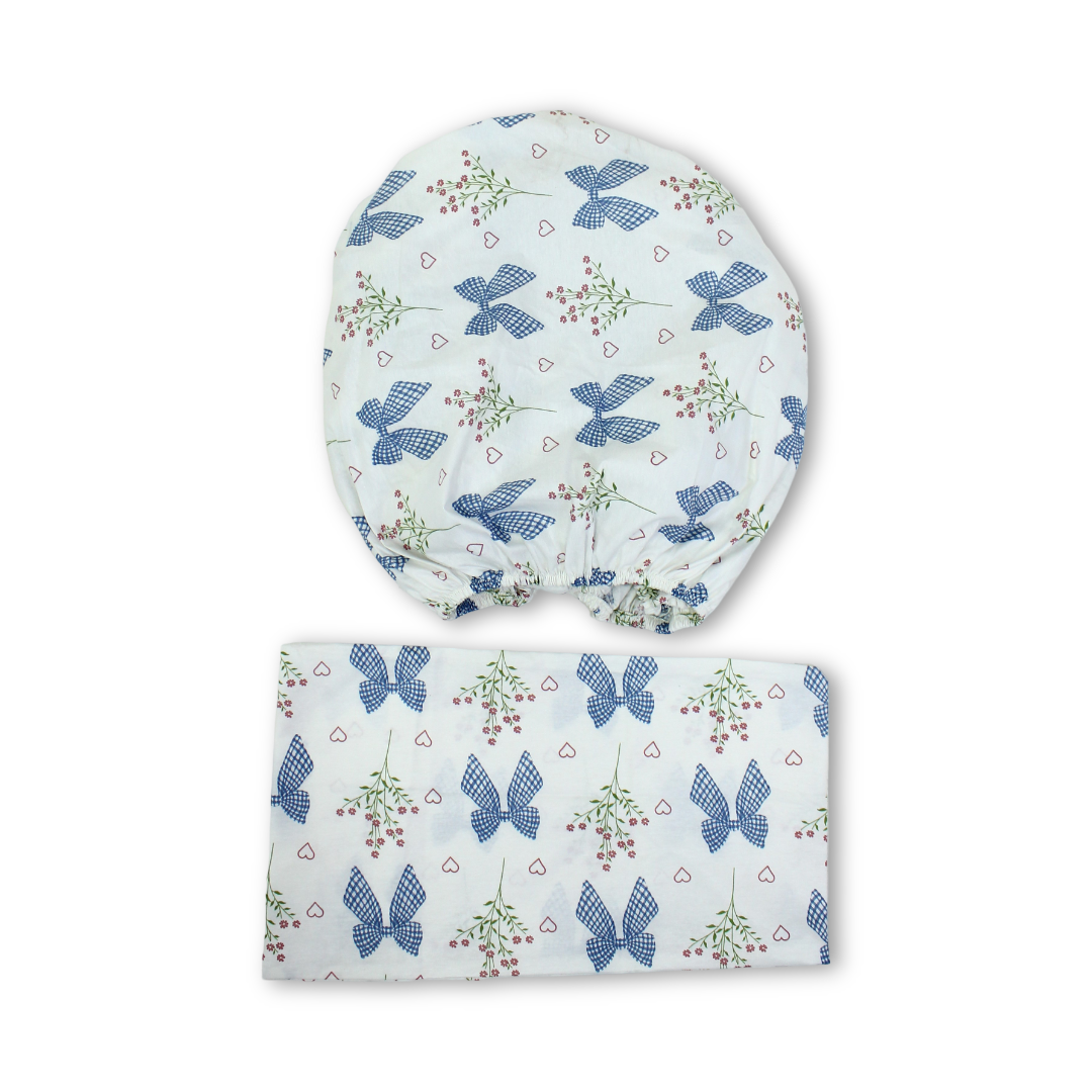 Cotton Bed Sheets – Off-White with Blue Bows Print