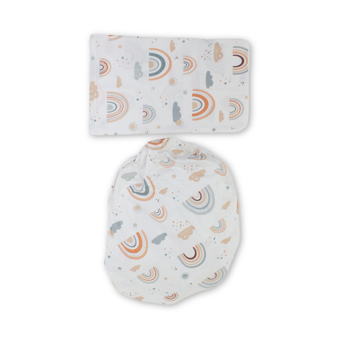 Elastic Bed Sheets – Off-White & Orange with Rainbow Print