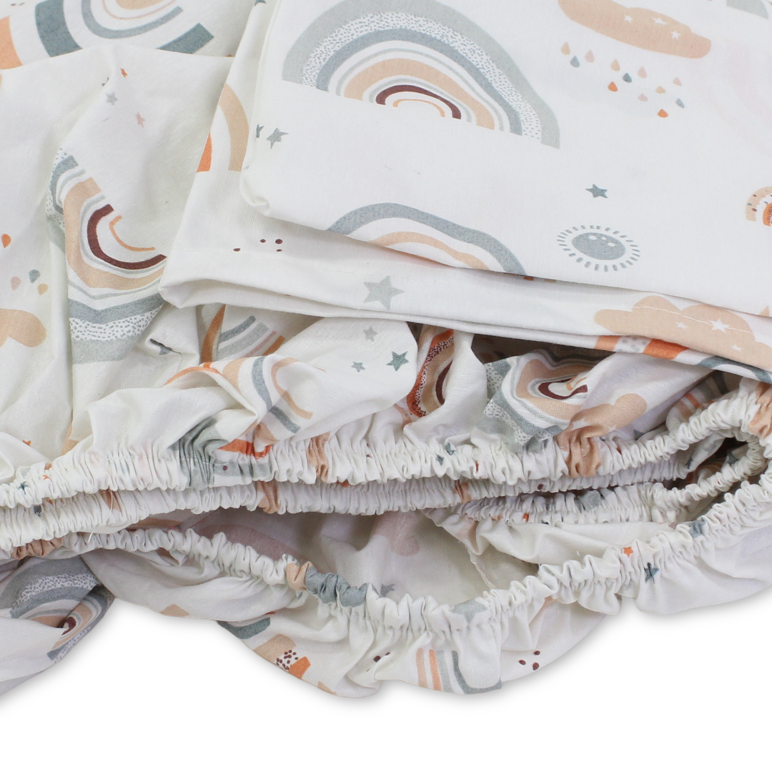 Elastic Bed Sheets – Off-White & Orange with Rainbow Print