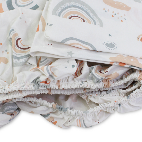 Elastic Bed Sheets – Off-White & Orange with Rainbow Print
