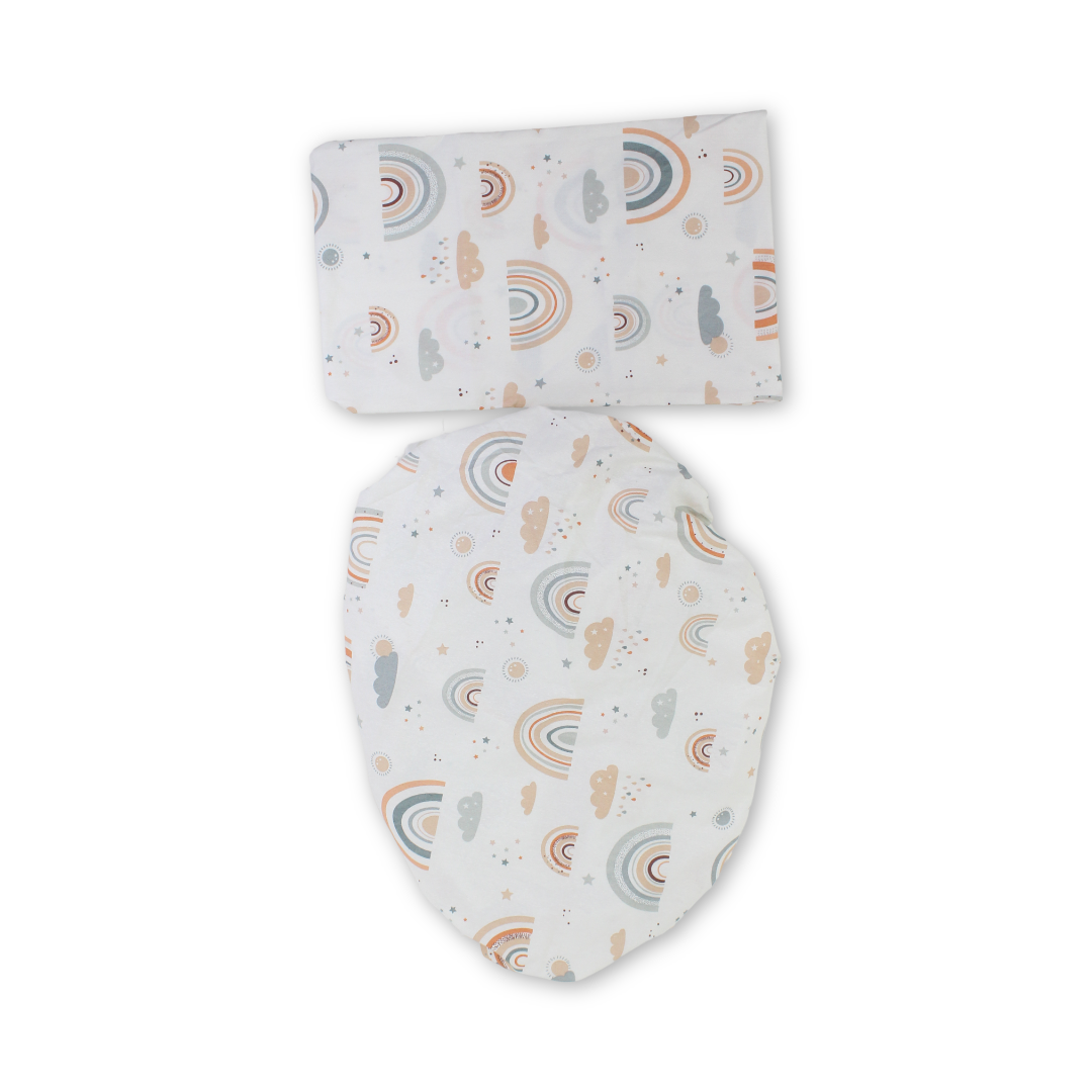 Elastic Bed Sheets – Off-White & Orange with Rainbow Print