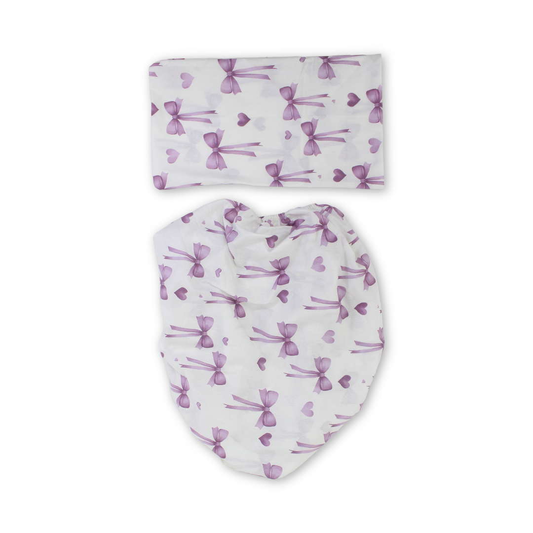 Elastic Bed Sheets – Off-White & Purple with Bows Print