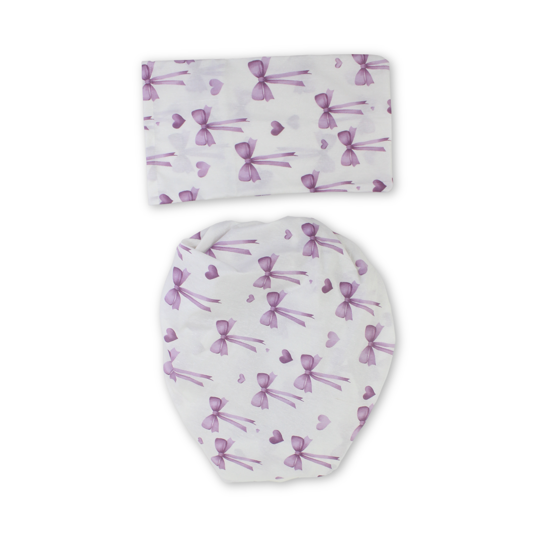 Elastic Bed Sheets – Off-White & Purple with Bows Print