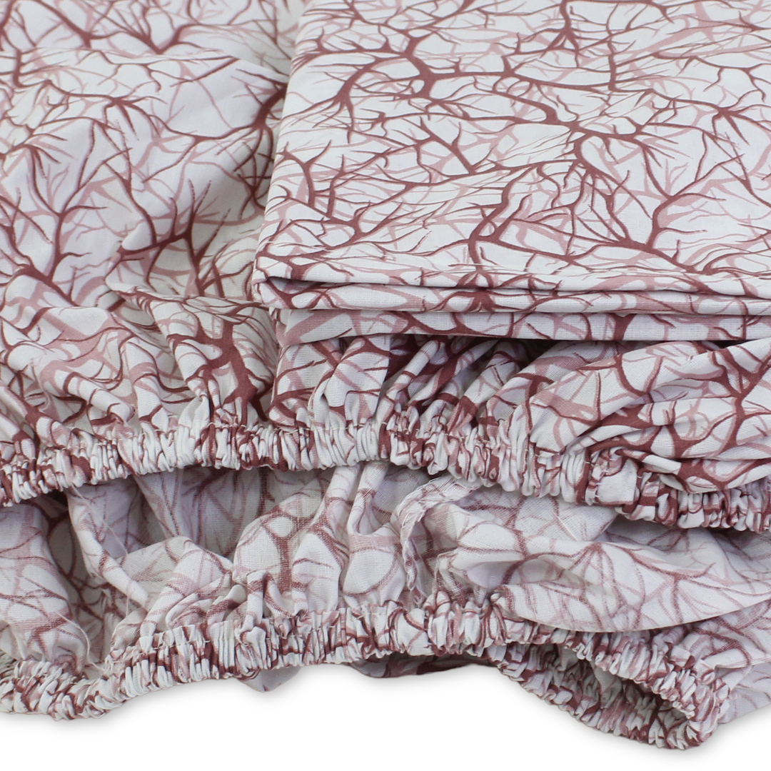 Elastic Bed Sheets – Off-White & Burgundy with Branches Print