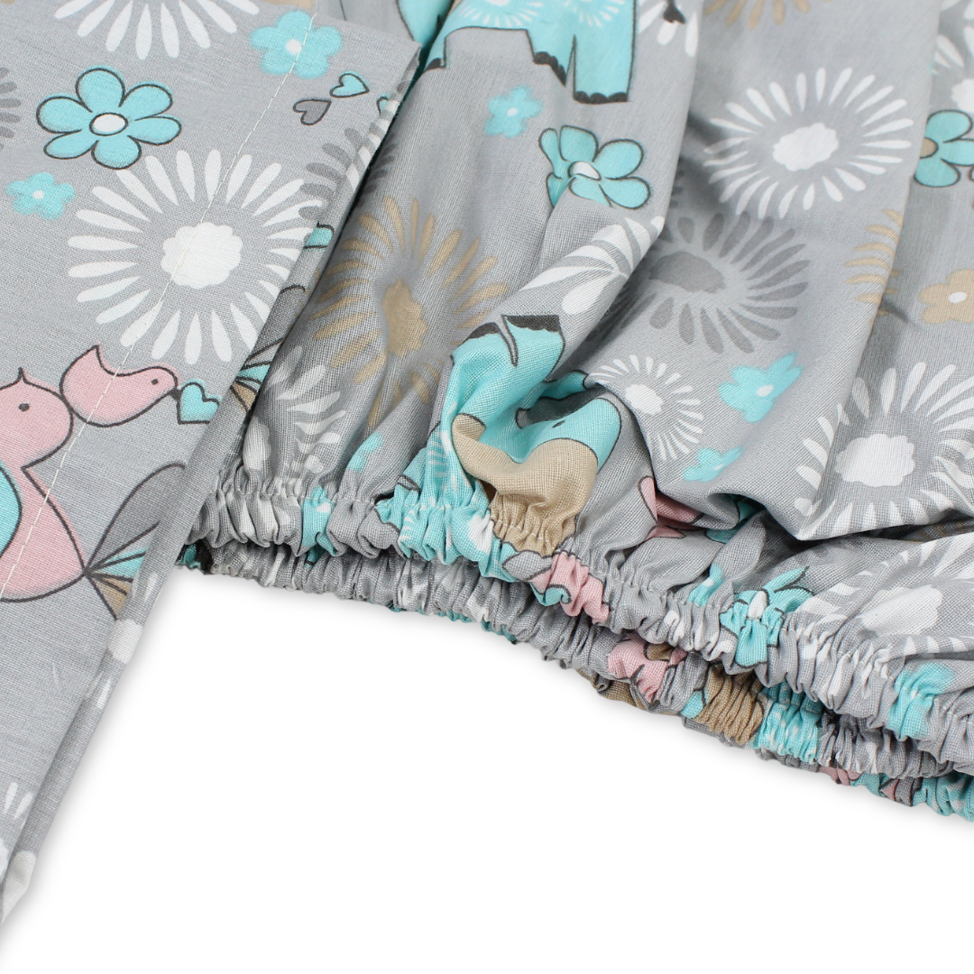 Cotton Bed Sheets – Grey with Elephant & Birds Print