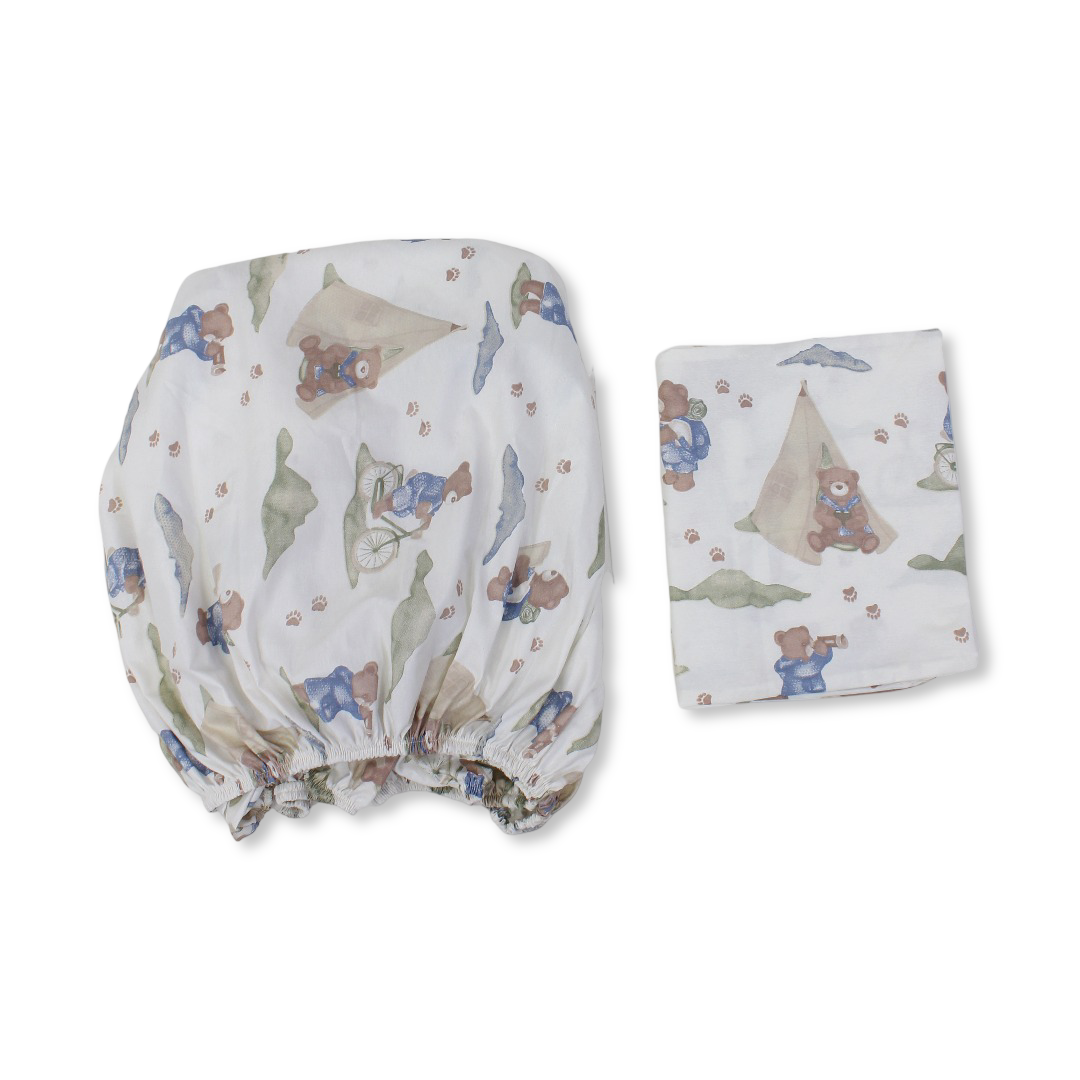Cotton Bed Sheet – Off-White with Teddy Bear and Bicycle Print