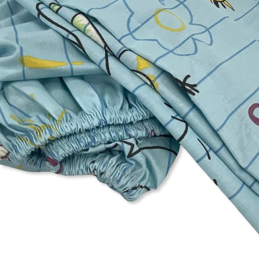 Cotton Bed Sheet – Baby Blue with Animals Print