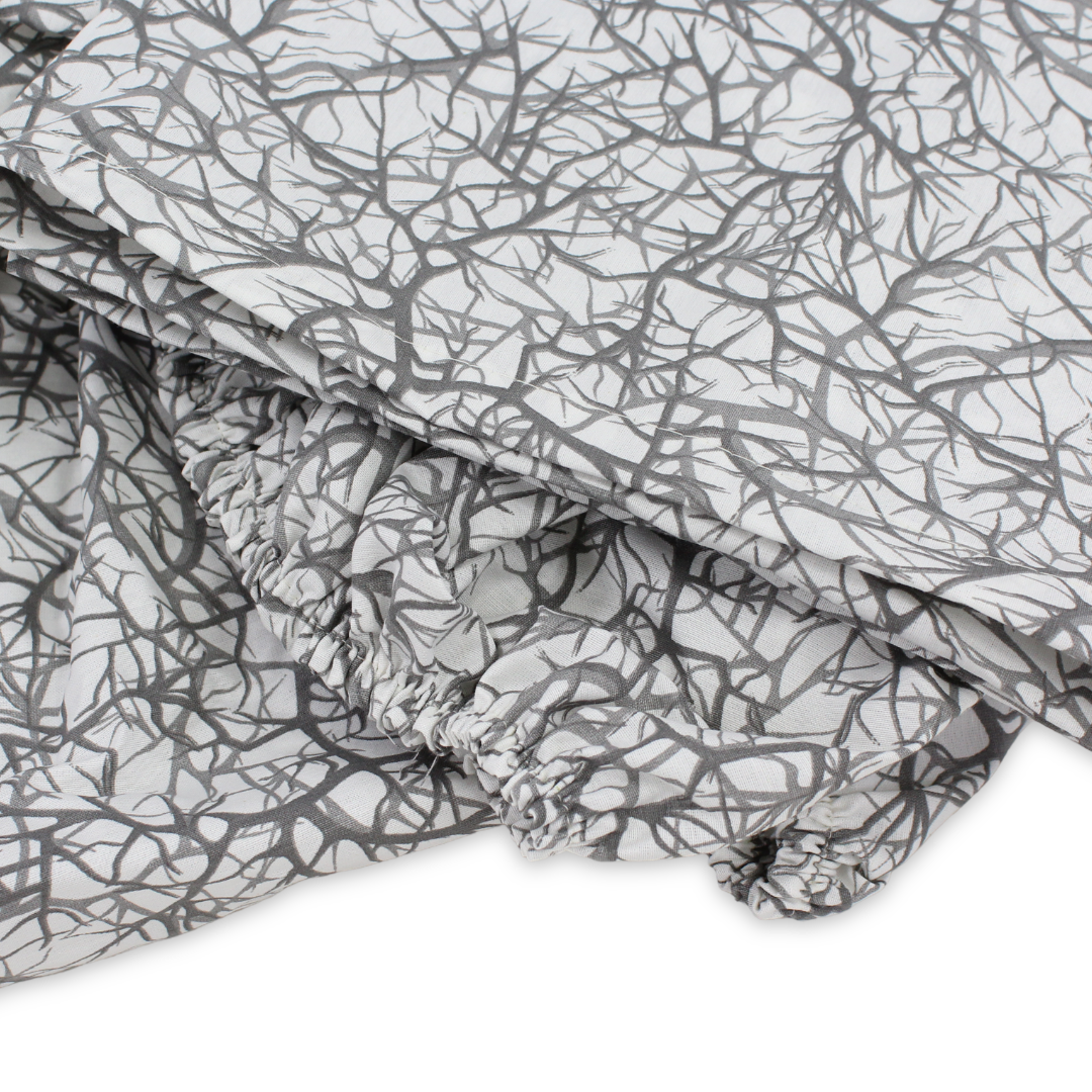 Cotton Elastic Bed Sheets – Off-White & Grey with Branches Print