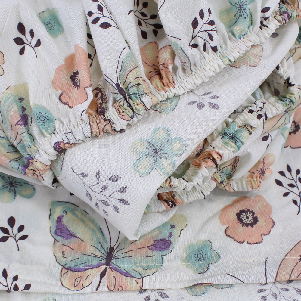 Cotton Bed Sheets – Off White with Roses & Butterflies Print