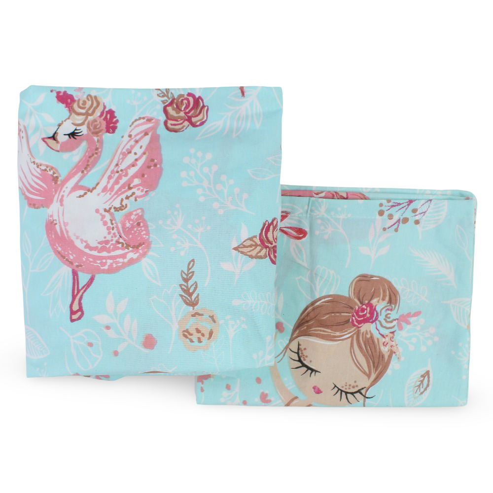 Cotton Bed Sheets – Aqua with Swan & Girl Print