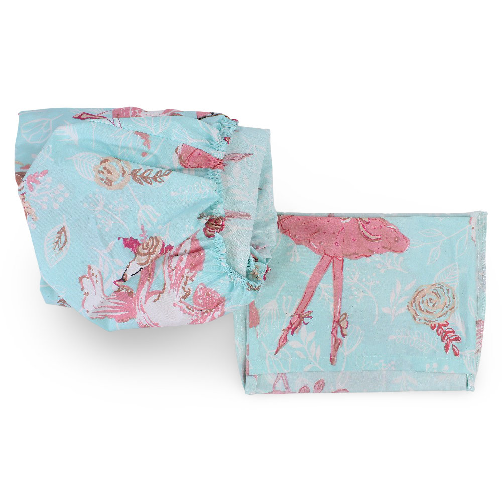 Cotton Bed Sheets – Aqua with Swan & Girl Print