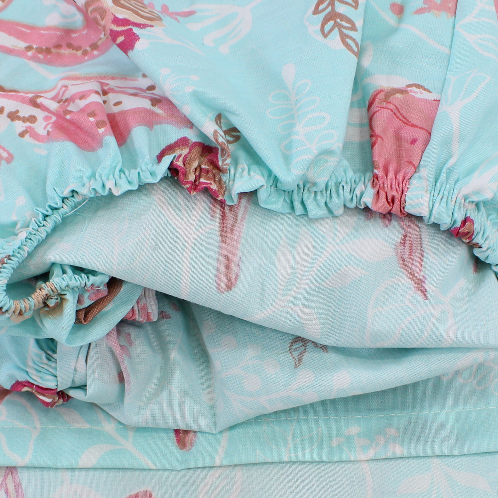 Cotton Bed Sheets – Aqua with Swan & Girl Print