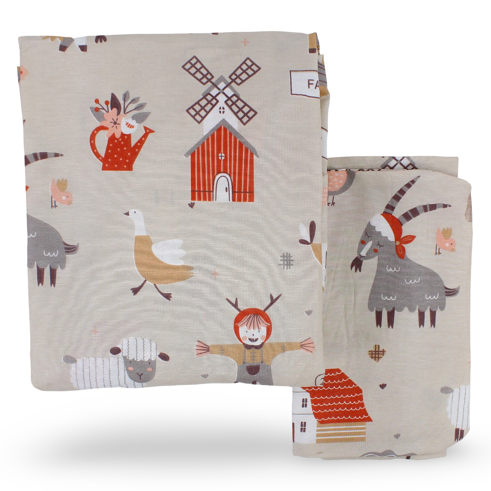 Cotton Bed Sheet – Beige with Farm Print