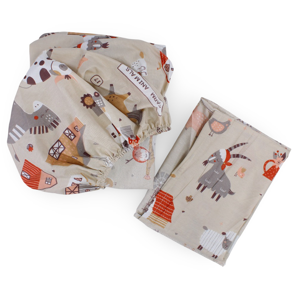 Cotton Bed Sheet – Beige with Farm Print