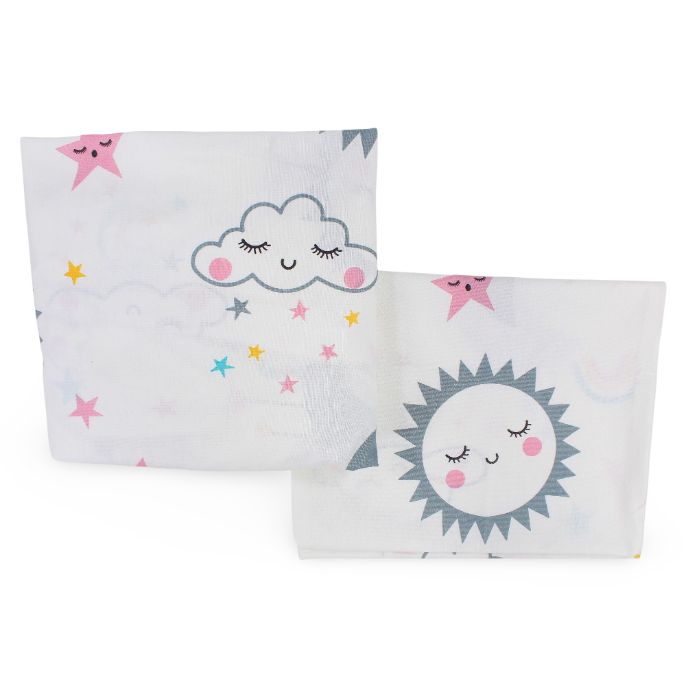 Cotton Bed Sheets – Off White with Sun, Stars & Clouds Print