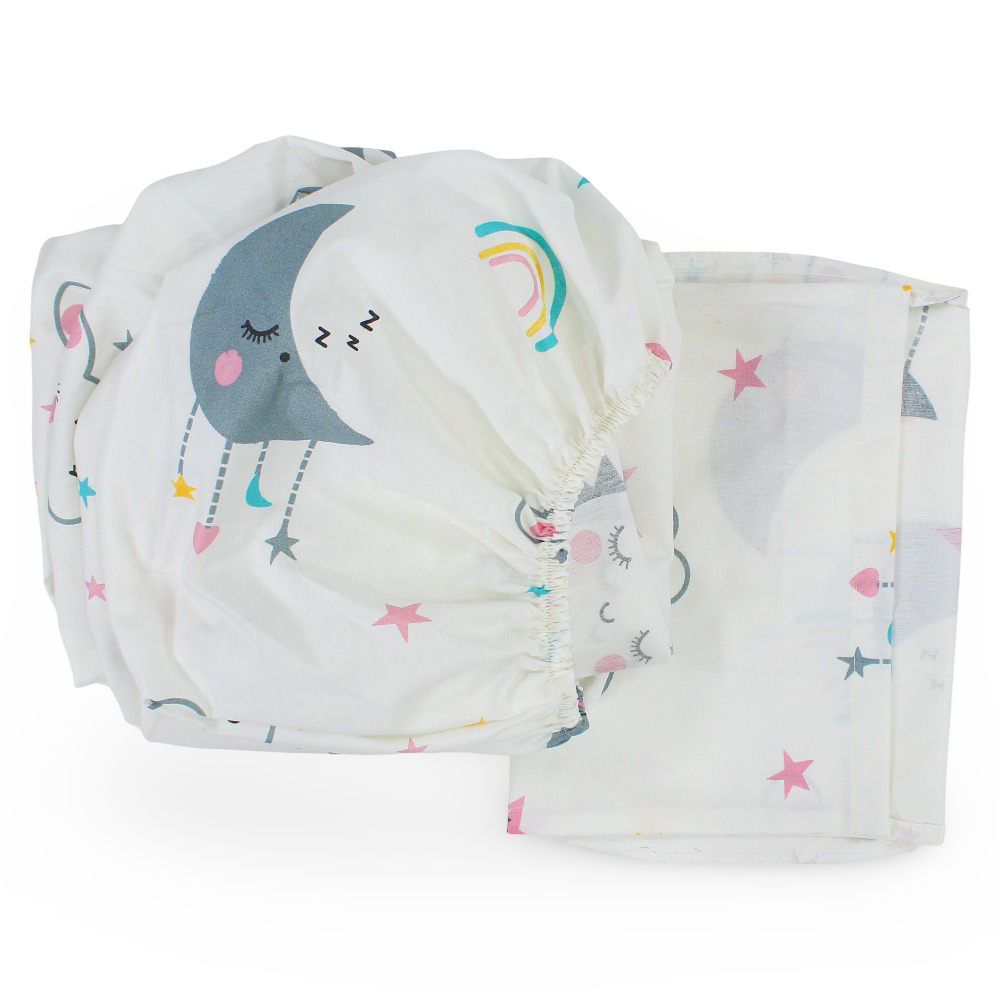 Cotton Bed Sheets – Off White with Sun, Stars & Clouds Print
