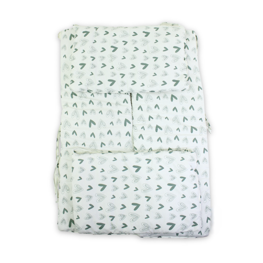 Baby Cotton Crib Bumper – Off-White with Green Hearts Print