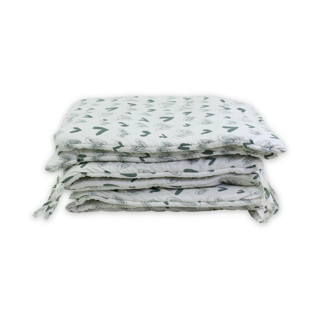 Baby Cotton Crib Bumper – Off-White with Green Hearts Print