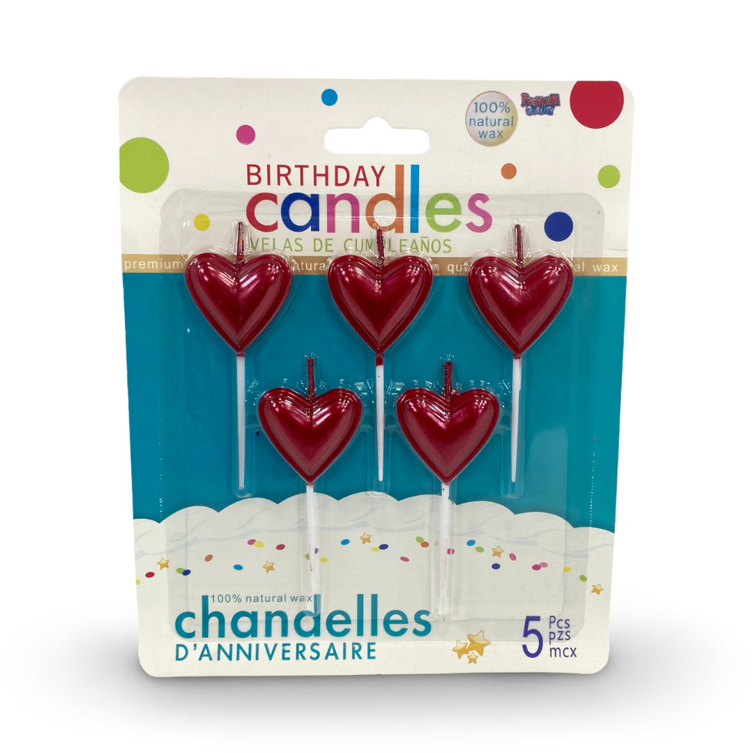 Metallic Heart-Shaped Birthday Cake Candles – Red 5 Pcs