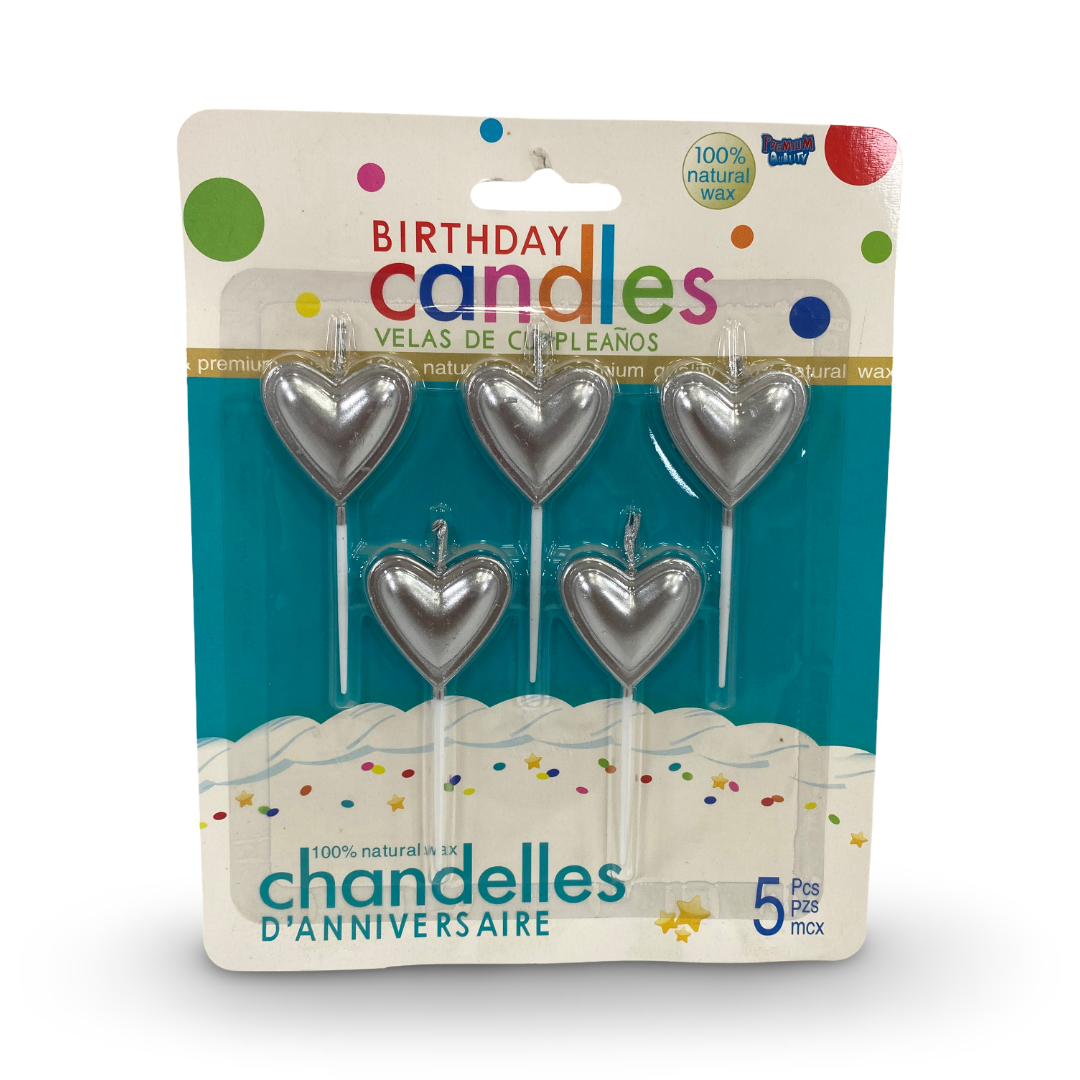 Metallic Heart-Shaped Birthday Cake Candles – Silver 5 Pcs