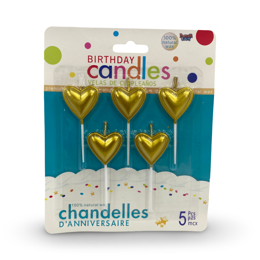 Metallic Heart-Shaped Birthday Cake Candles – Gold 5 Pcs