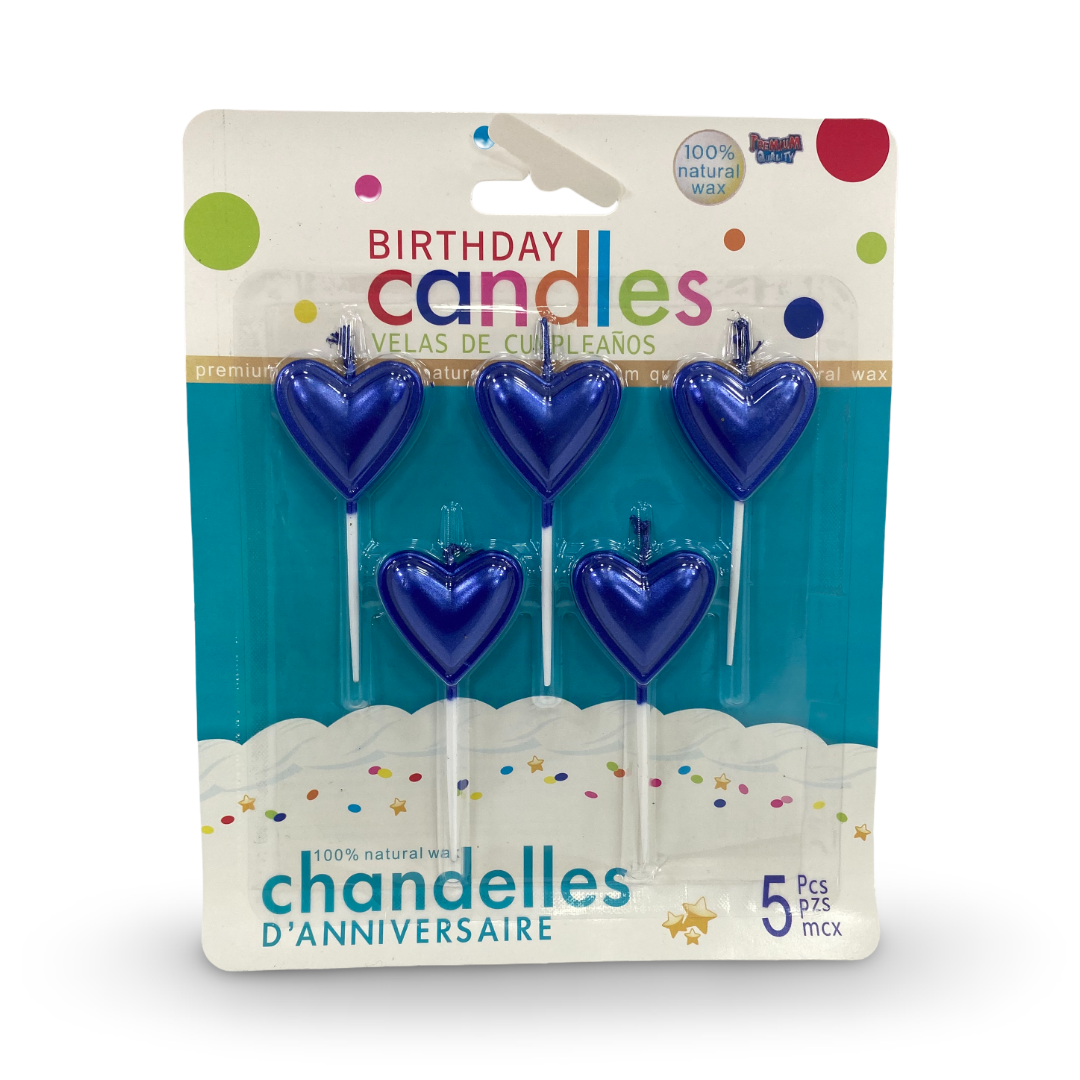 Metallic Heart-Shaped Birthday Cake Candles – Blue 5 Pcs