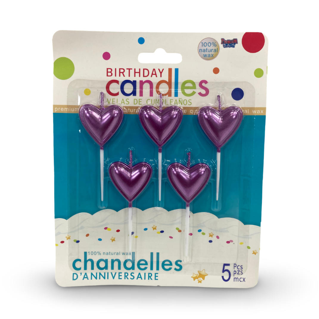 Metallic Heart-Shaped Birthday Cake Candles – Purple 5 Pcs