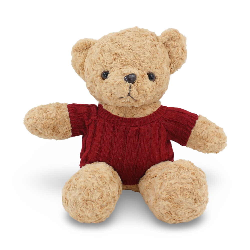 Fur Teddy Bear Plush Toy - Beige with Burgundy T-Shirt