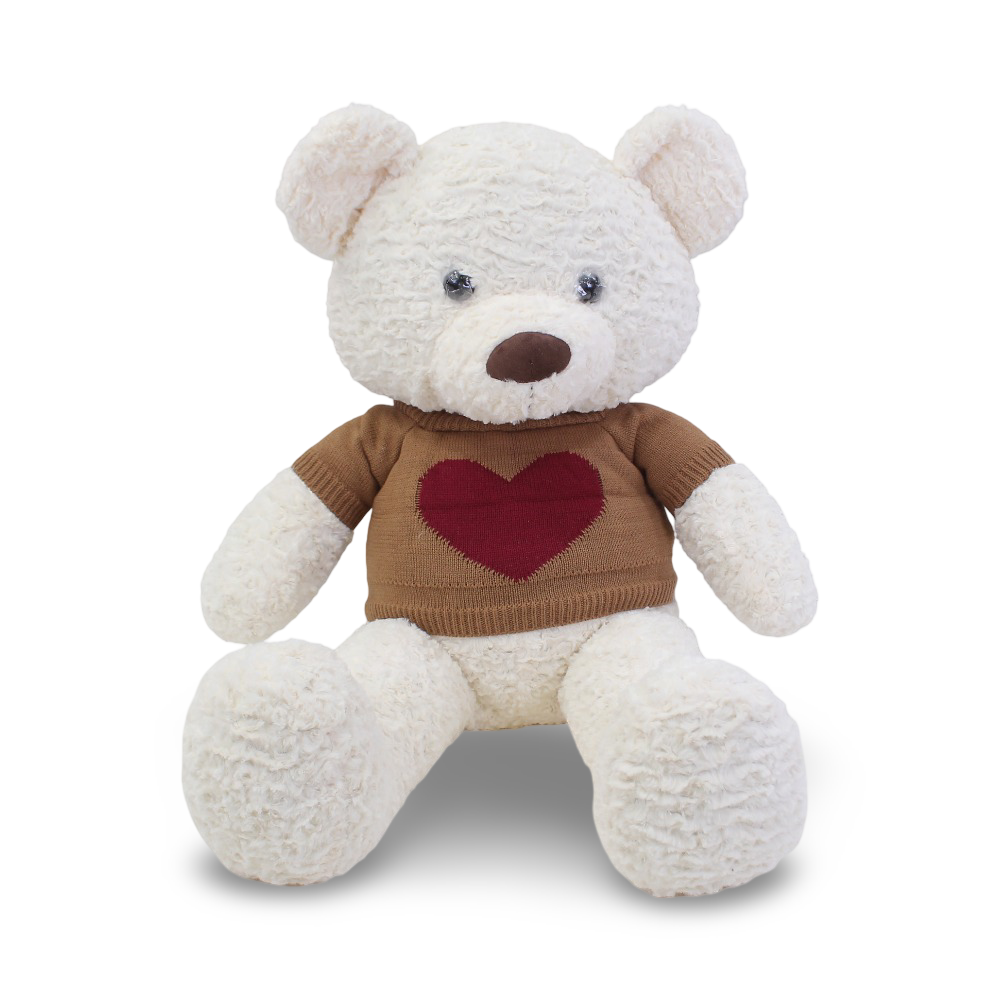 Plush Teddy Bear with Knitted Heart-Themed T-Shirt – Off-White