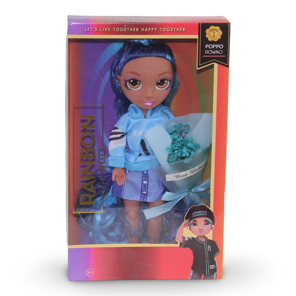 Rainbow Fashion Girl Doll – Blue Hair with Outfit & Bouquet