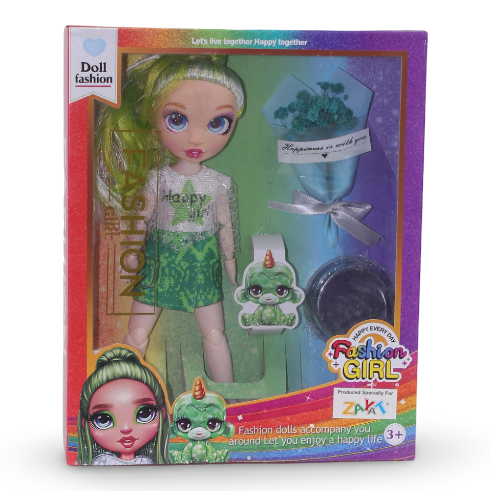Rainbow Fashion Girl Doll – Green Outfit with Slime Set
