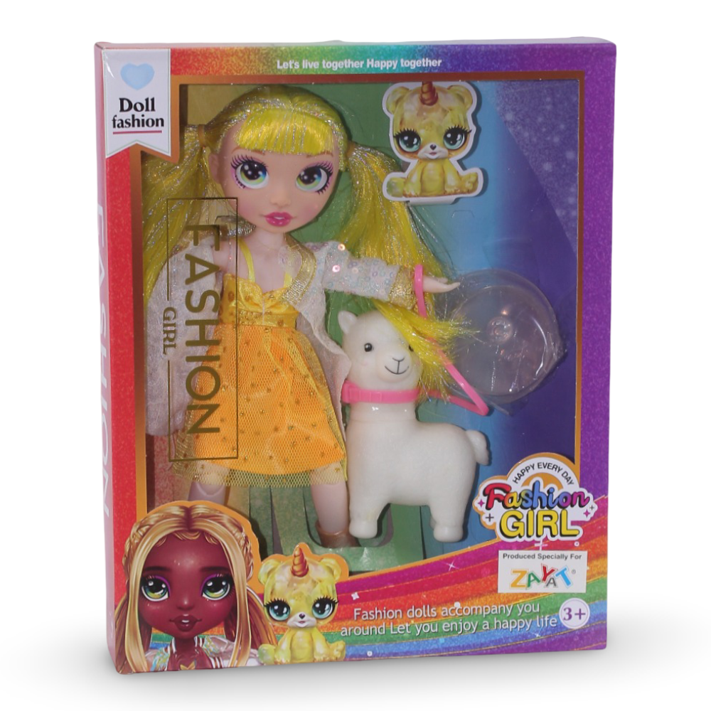 Rainbow Fashion Girl Doll – Yellow with a Sheep - Toys - OKO