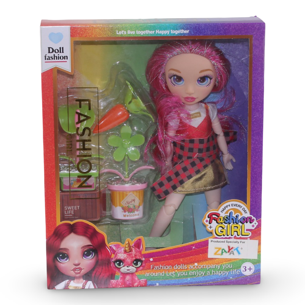 Rainbow Fashion Girl Doll  – Fuchsia with Plants