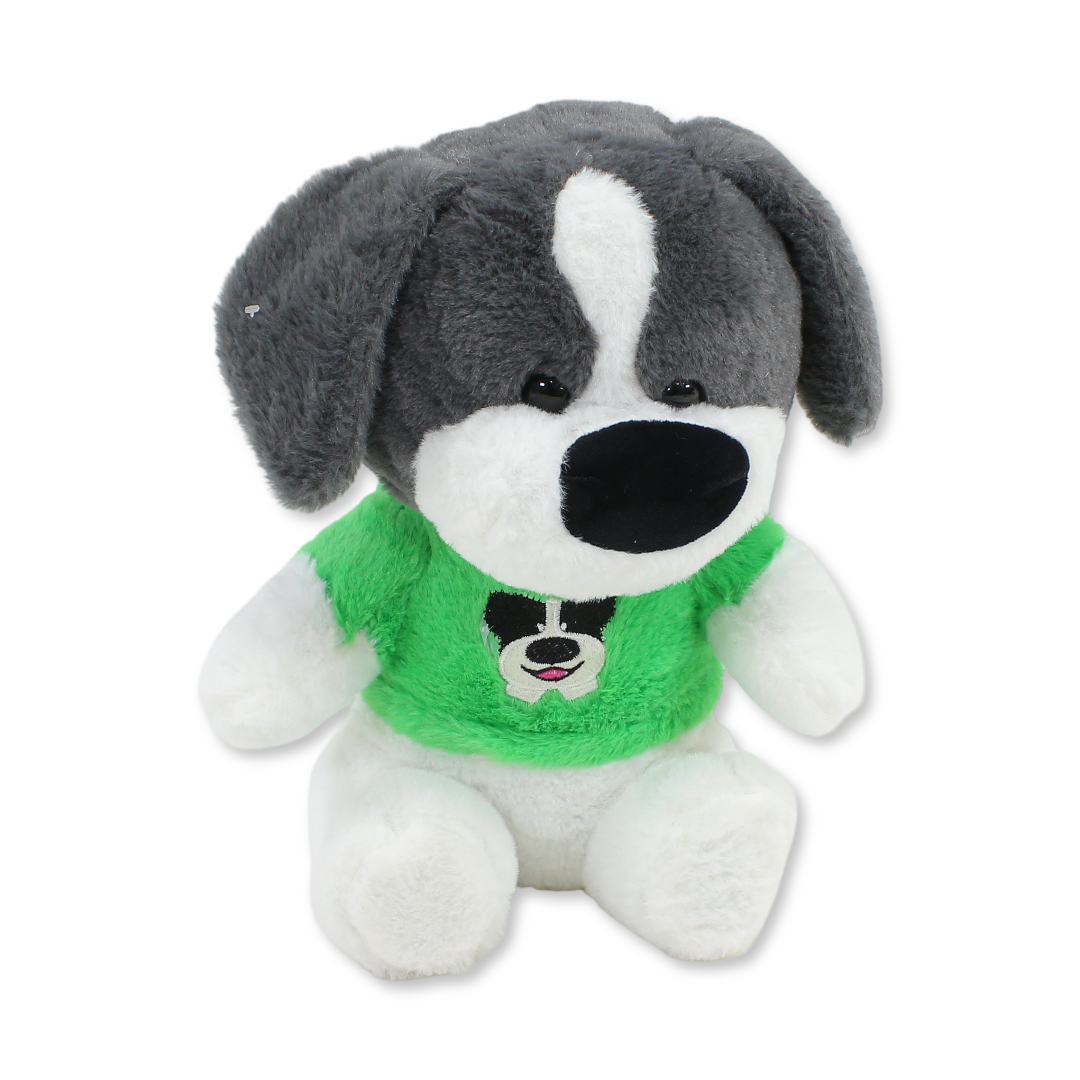 Dog Plush Toy – Grey with Green T-Shirt