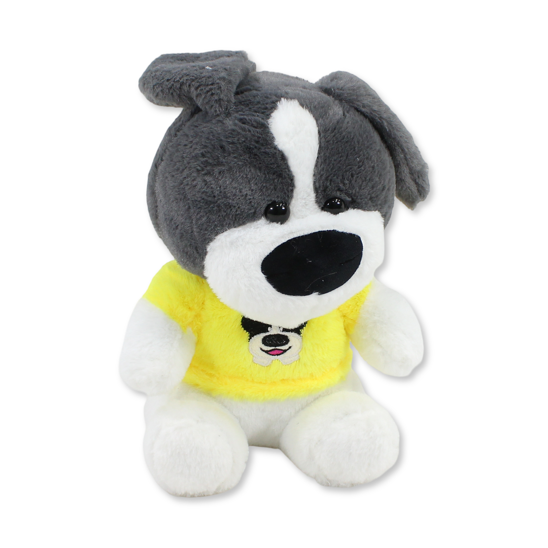 Dog Plush Toy – Grey with Yellow T-Shirt (Medium)