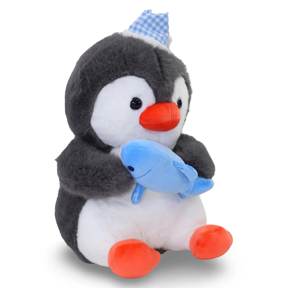Grey & White Penguin Plush Toy with a Fish