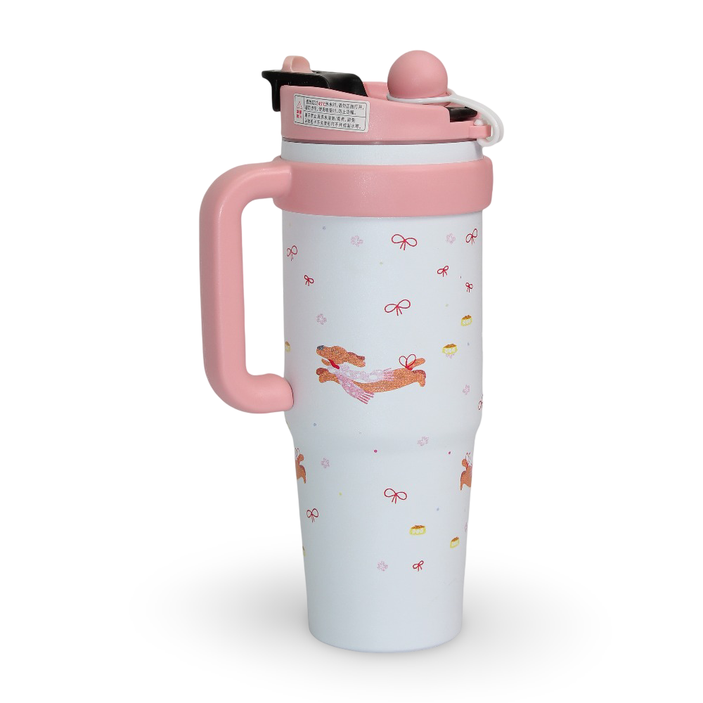 Insulated Water Bottle/Tumbler with a Handle and Straw Lid 1000 ml - Pink & White