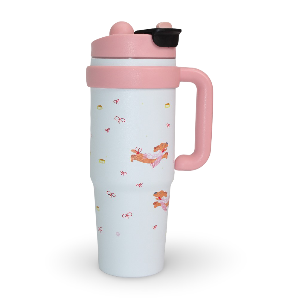 Insulated Water Bottle/Tumbler with a Handle and Straw Lid 1000 ml - Pink & White