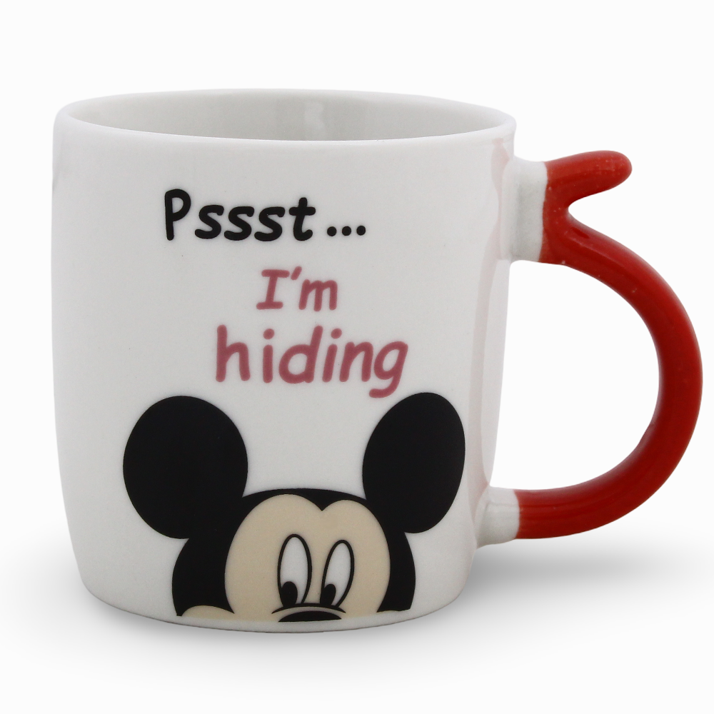 Porcelain Mug – Red Handle with Mickey Mouse Print