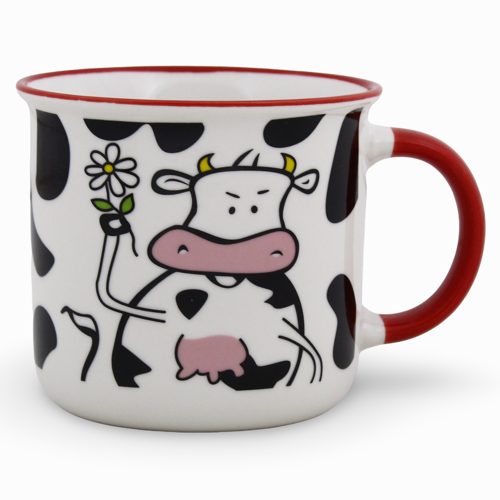 Porcelain Mug – Red Handle with Cow Design