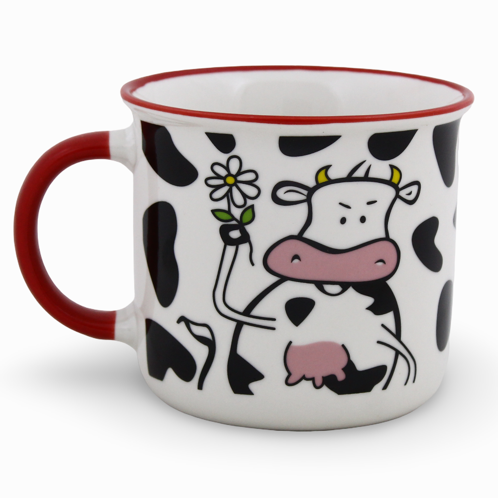 Porcelain Mug – Red Handle with Cow Design