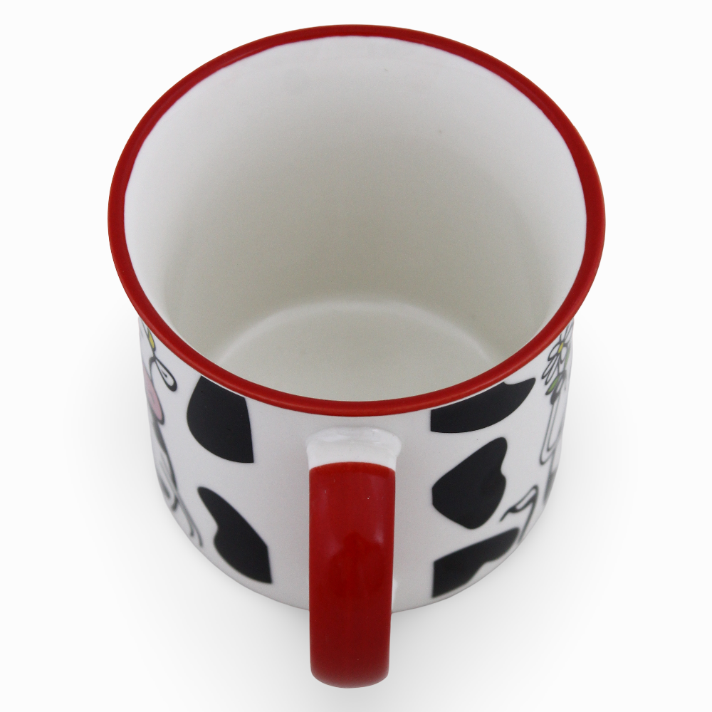 Porcelain Mug – Red Handle with Cow Design