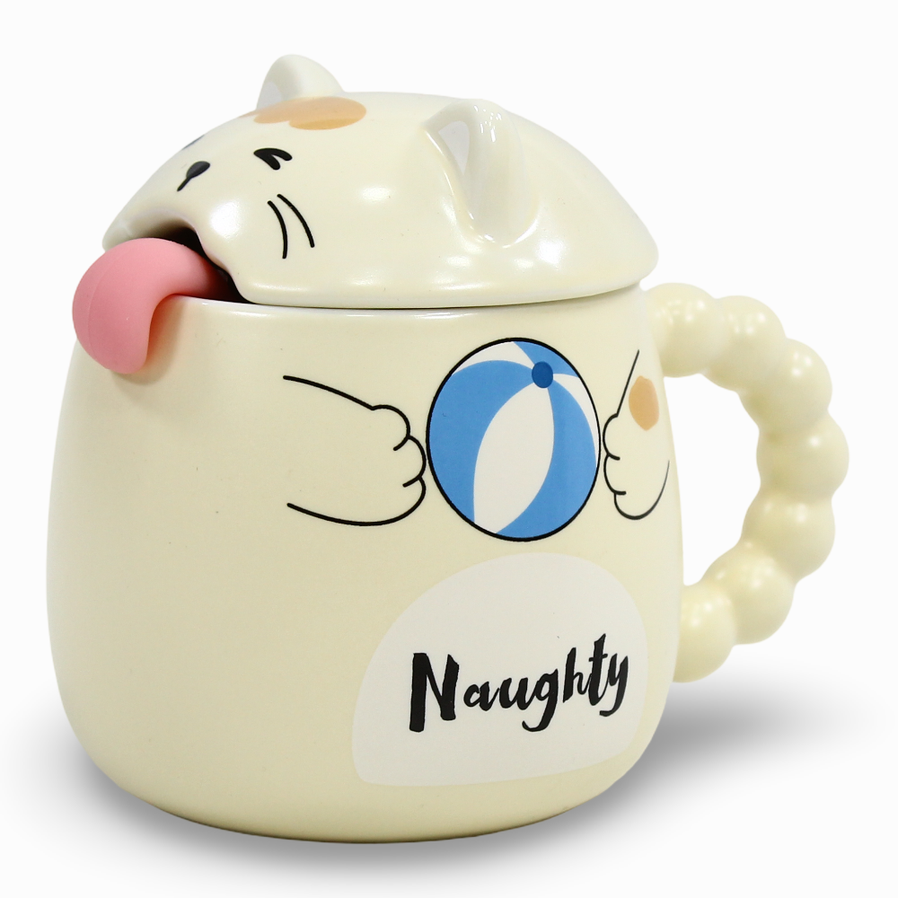 Porcelain Mug – Beige Cat Shape with Lid & Spoon