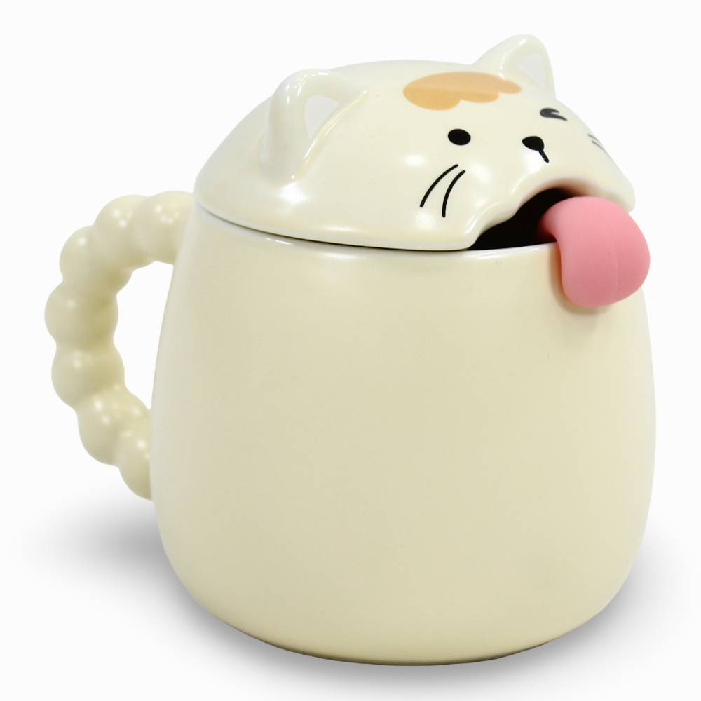 Porcelain Mug – Beige Cat Shape with Lid & Spoon